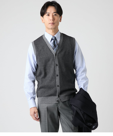 【ウォッシャブル】ツイルライク 前開きニットベスト