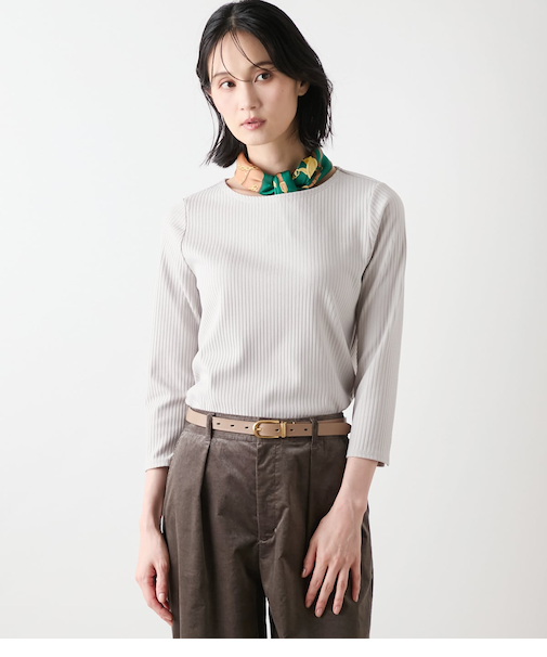 リブストレッチ クルーネック7分袖カットソー