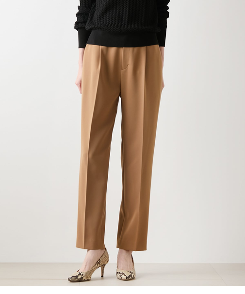 ギャバライクポリエステル タックテーパードパンツ