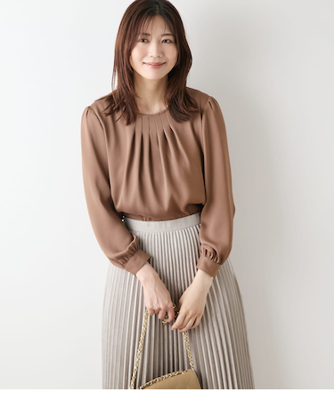 【L】ジョーゼットサテン フロントタック9分袖ブラウス