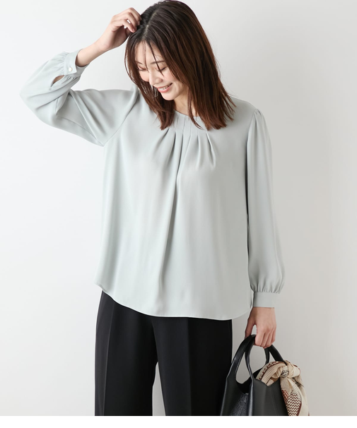 【L】ジョーゼットサテン フロントタック9分袖ブラウス