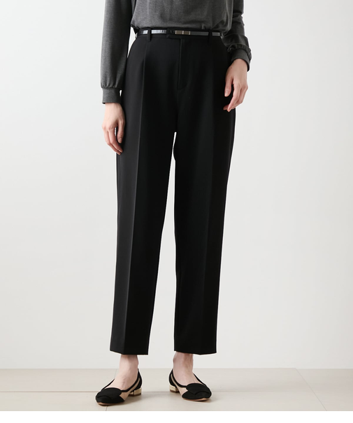 【L】ギャバライクポリエステル タックテーパードパンツ