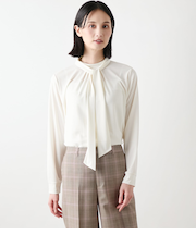 ポリエステル強撚スムース ボウタイ付きハイネックカットソープルオーバー