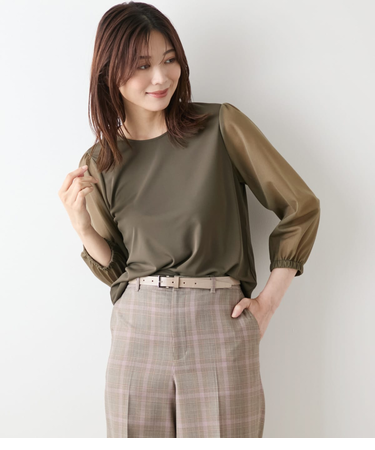 ポリエステル強撚スムース×トリコットオーガンジー 8分袖Tプルオーバー