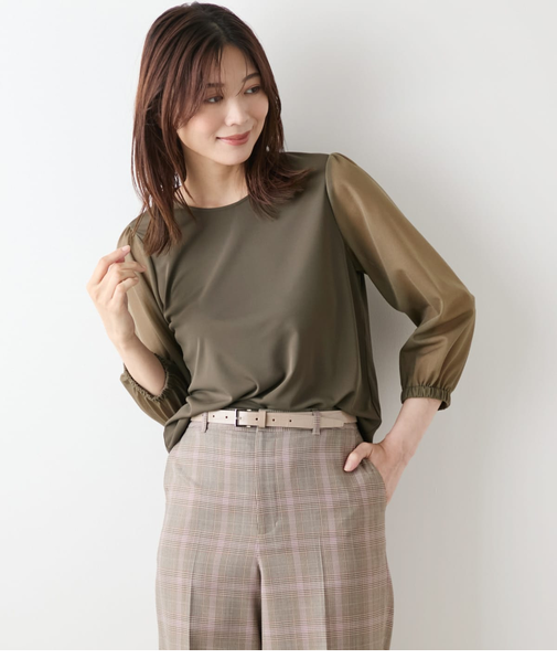 【L】ポリエステル強撚スムース×トリコットオーガンジー 8分袖Tプルオーバー