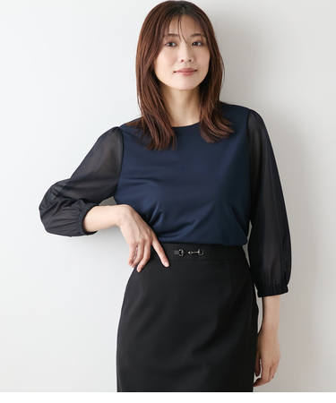 【L】ポリエステル強撚スムース×トリコットオーガンジー 8分袖Tプルオーバー