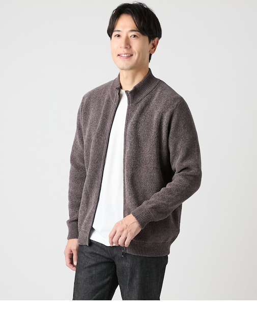 【ウォッシャブル】モール スタンドカラーフルジップアップニット