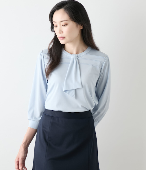 【L】トリアセ強撚スムース 7分袖ボウタイカットソー