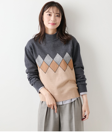 エクストラファインメリノウール モダンアーガイルハイネックプルオーバー