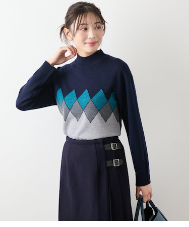 エクストラファインメリノウール モダンアーガイルハイネックプルオーバー