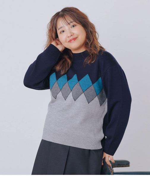 【L】エクストラファインメリノウール モダンアーガイルハイネックプルオーバー