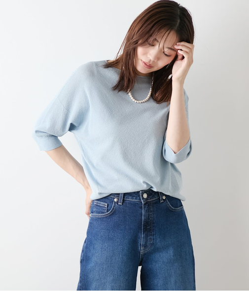 【手洗い可能】TCラメホールガーメント(R) クルーネック7分袖プルオーバー