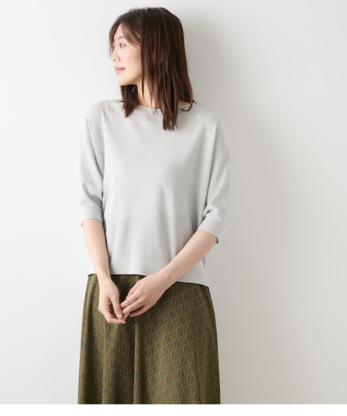 【L】【手洗い可能】TCラメホールガーメント(R) クルーネック7分袖プルオーバー