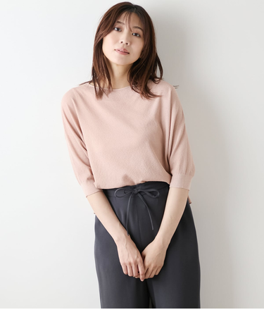 【L】【手洗い可能】TCラメホールガーメント(R) クルーネック7分袖プルオーバー