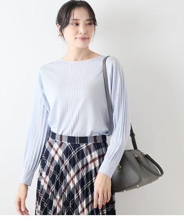 【手洗い可能】ハイツイストシルクレーヨン総針 袖プリーツニットプルオーバー