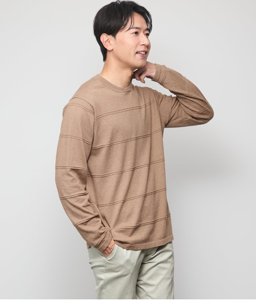 【ウォッシャブル】クルーネックタック 編み柄ボーダー ニット