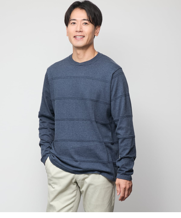 【ウォッシャブル】クルーネックタック 編み柄ボーダー ニット