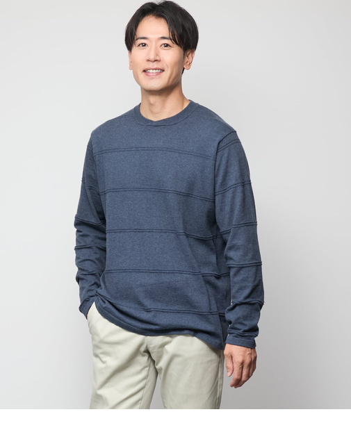 【ウォッシャブル】クルーネックタック 編み柄ボーダー ニット