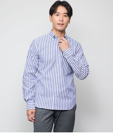 【ストレッチ】オックス オルタネイトストライプ 長袖ショートボタンダウンシャツ