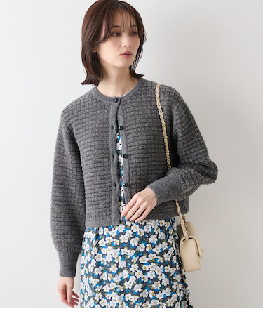ブークレー格子柄 クルーネックショートカーディガン