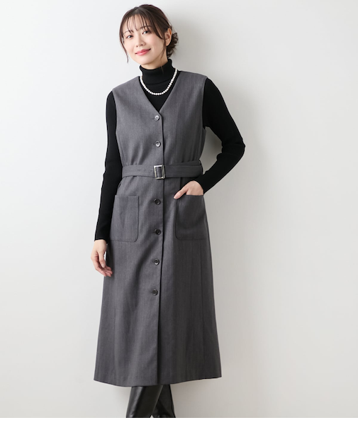 【ストレッチ】デニム調メランジストライプ Vネックジャンパースカート