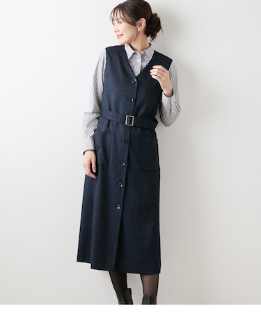 【ストレッチ】デニム調メランジストライプ Vネックジャンパースカート