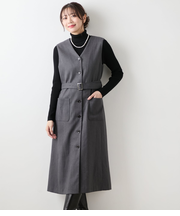 【L】【ストレッチ】デニム調メランジストライプ Vネックジャンパースカート