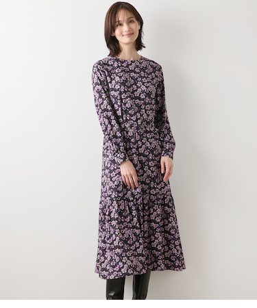 【L】【ウォッシャブル】ビオラフラワープリント ティアードギャザーロングワンピース