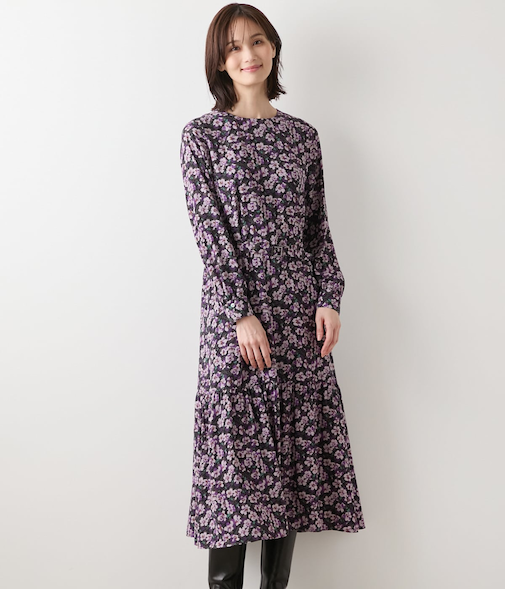 【L】【ウォッシャブル】ビオラフラワープリント ティアードギャザーロングワンピース
