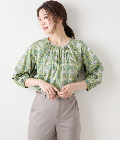 【L】リバティ ウィリアム・モリス アフリカンマリーゴールド フロントギャザー7分袖ブラウス