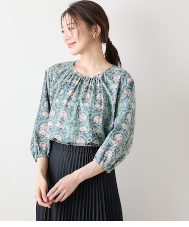 【L】リバティ ウィリアム・モリス アフリカンマリーゴールド フロントギャザー7分袖ブラウス