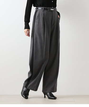 【L】【ストレッチ】デニム調メランジストライプ サイドラインタックパンツ