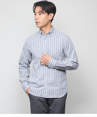 ピケ ストライプ 長袖ショートボタンダウンシャツ