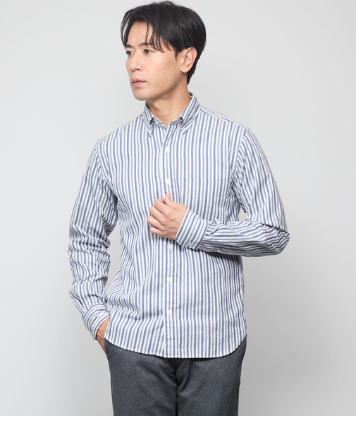 ピケ ストライプ 長袖ショートボタンダウンシャツ