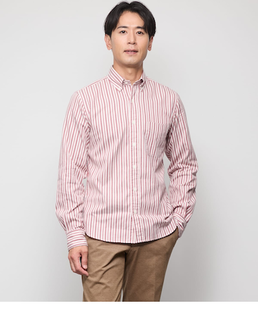 ピケ ストライプ 長袖ショートボタンダウンシャツ