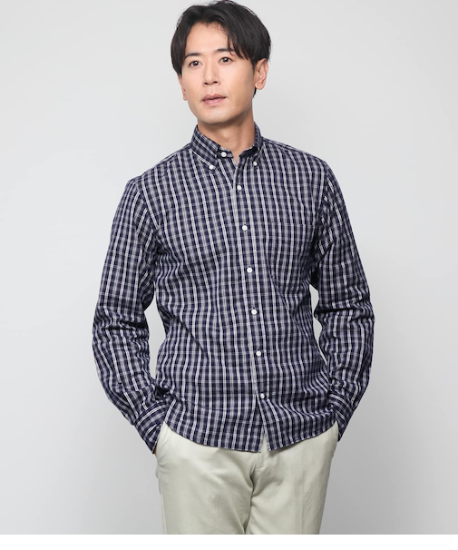 ピケ チェック 長袖ショートボタンダウンシャツ