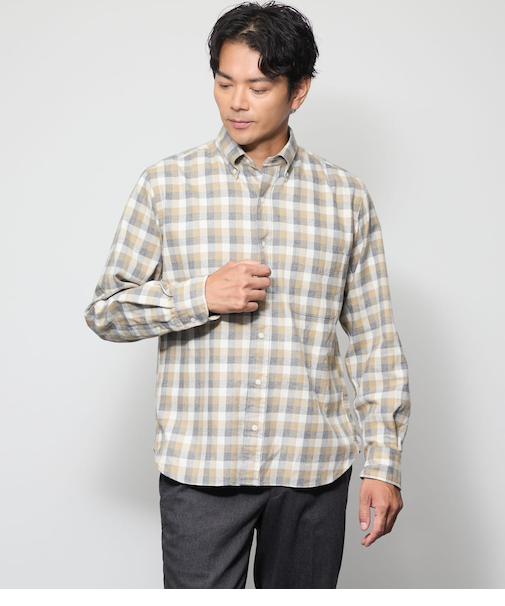 NUANCES COLOR MEASURE CHECK 起毛 ネルチェック 長袖ショートボタンダウンシャツ