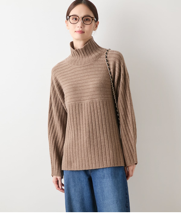 【L】ウールカシミヤ リブハイネックニットプルオーバー
