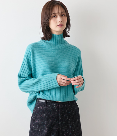 【L】ウールカシミヤ リブハイネックニットプルオーバー