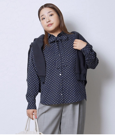 【L】アムンゼンドットプリント 長袖ボウタイブラウス