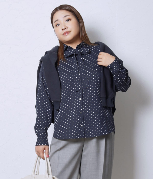 【L】アムンゼンドットプリント 長袖ボウタイブラウス