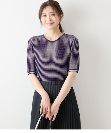 ラメミジンボーダー 5分袖クルーネックプルオーバー
