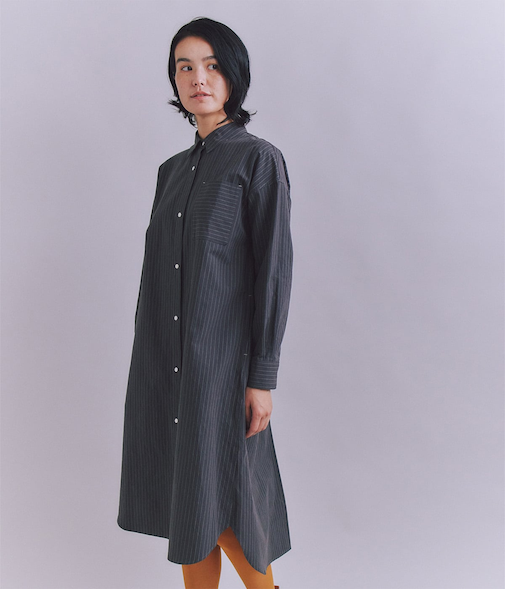 Cotton Linen Pin Stripe ポケットロングシャツドレス