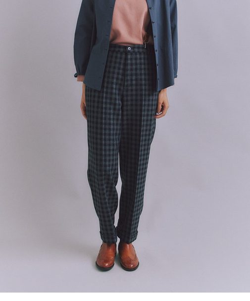 【ウォッシャブル】Woolish Block Check ダブルテーパードパンツ