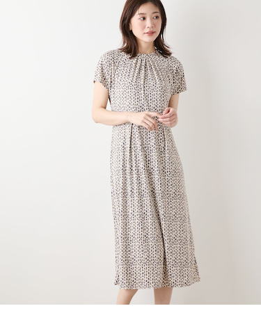 【L】ポリエステル強撚スムース 幾何学プリント フレンチスリーブワンピース