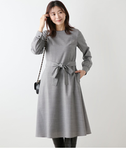 【ストレッチ】ウール混ハウンドトゥース ウエスト切替えパイピングフレアワンピース