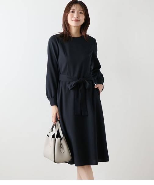 【ストレッチ】ウール混ハウンドトゥース ウエスト切替えパイピングフレアワンピース