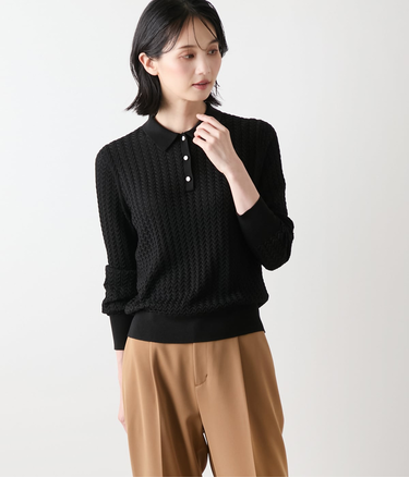 【L】【手洗い可能】ケーブルニットポロシャツ