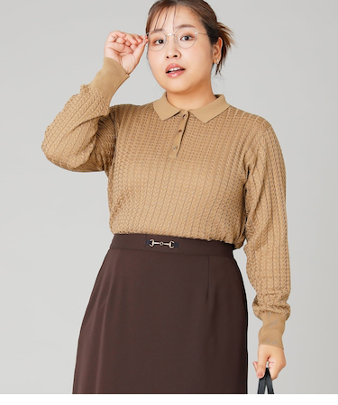 【L】【手洗い可能】ケーブルニットポロシャツ