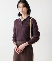 【L】【手洗い可能】ケーブルニットポロシャツ